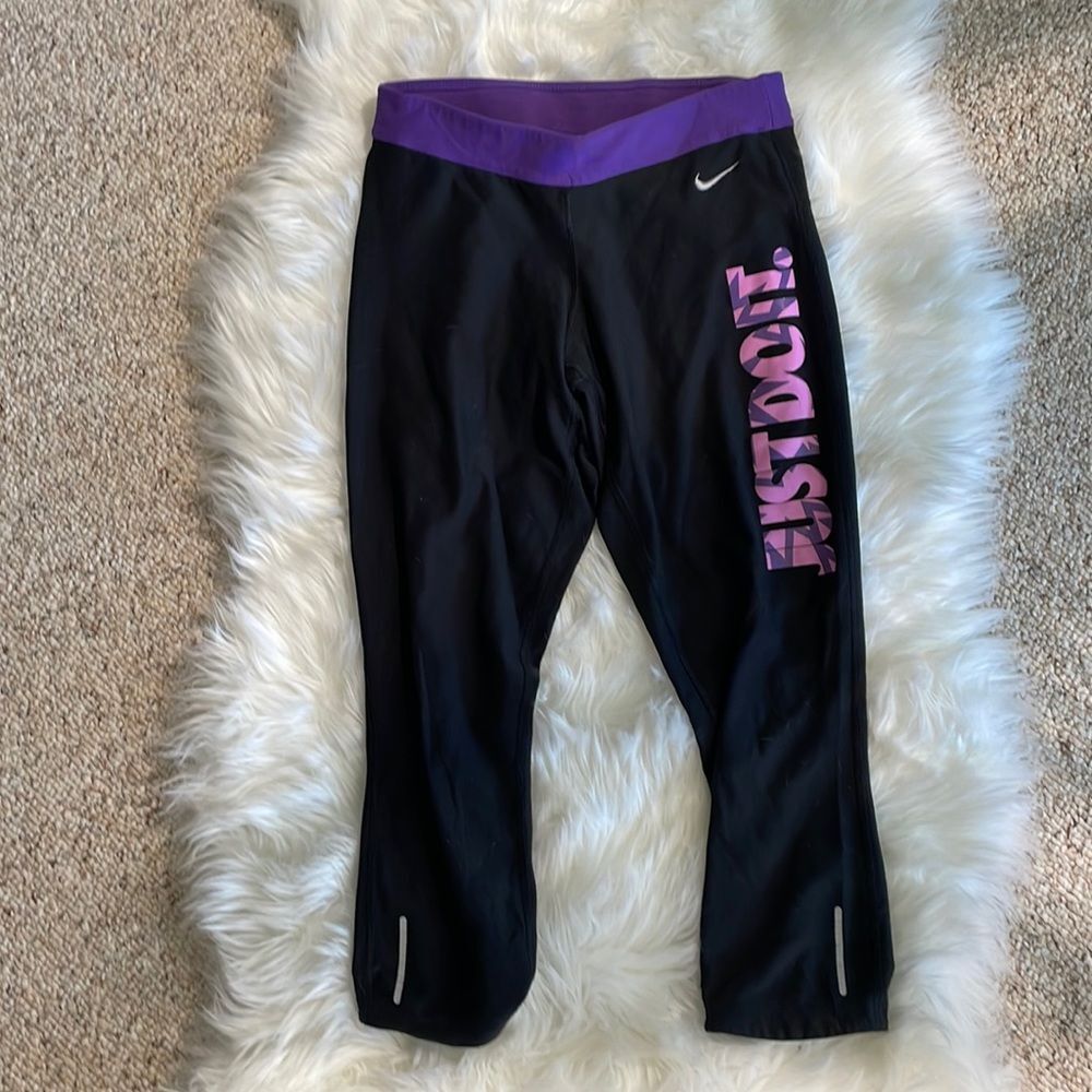 Nike Drift Leggings Purple Waist Band Cropped Reflective Just Do It Black small